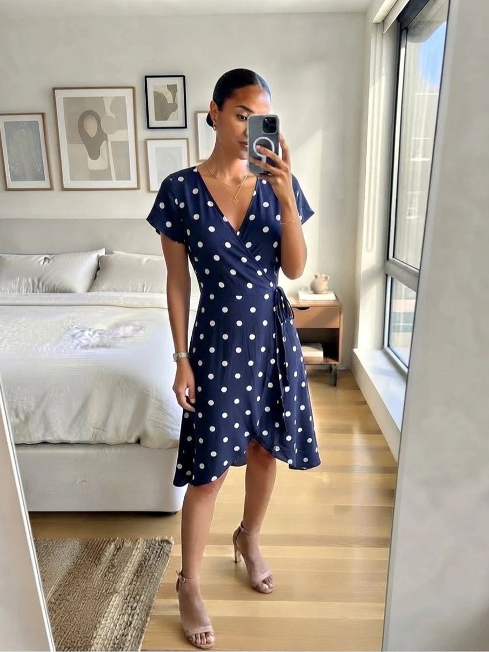 Polka Dot Wrap Midi Dress in Blue & White Size Large